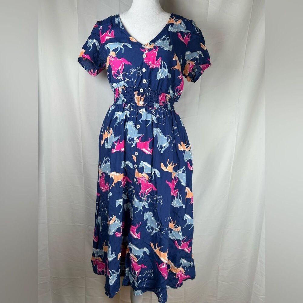 ModCloth Neon Stampede Midi Dress Small Navy Pink Button Front Rockabilly Pin Up